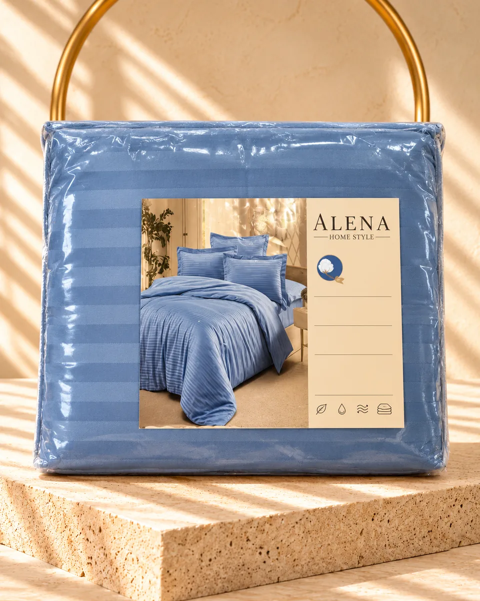 Alena طقم غطاء لحاف · مزدوج · Çizgili Micro Saten · أزرق · 5185